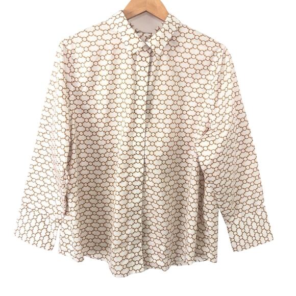 Chicos Top Womens No Iron Sateen Chain Link Print White Gold Size XXL 4 18 - Picture 9 of 9